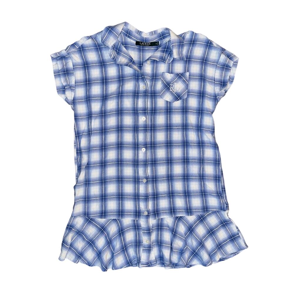 Lauren Ralph Lauren Blue Gingham Plaid Button Up Tunic with Ruffle Hem Size M